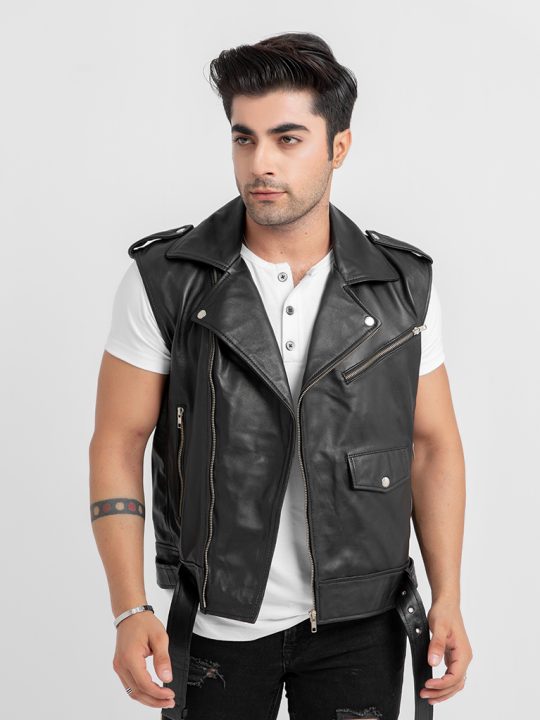 Vest Genuine Leather Sleeve Less With Collar
